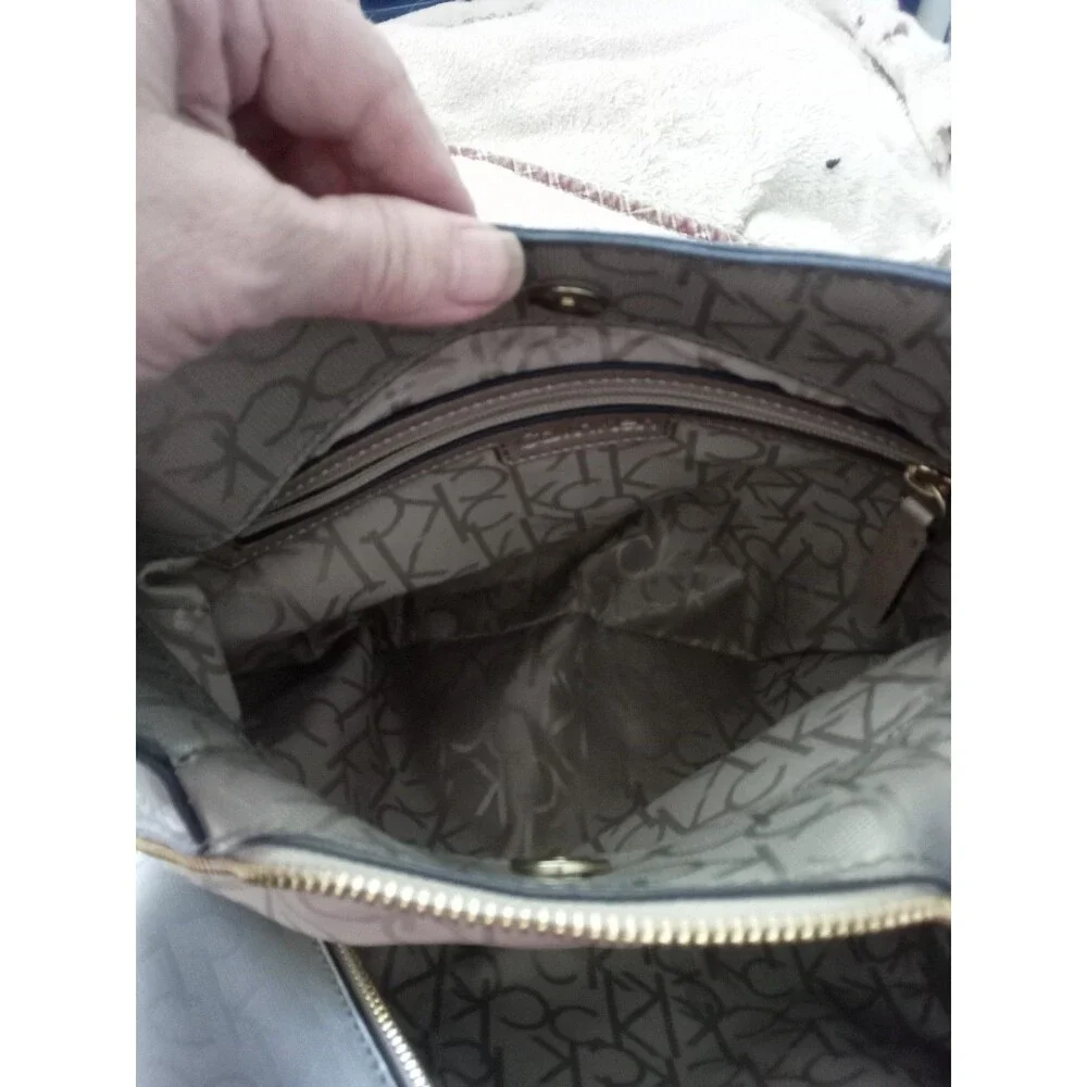 Calvin Klein Large Signature Satchel Handbag Purse Beige Tan 11x11.75x5